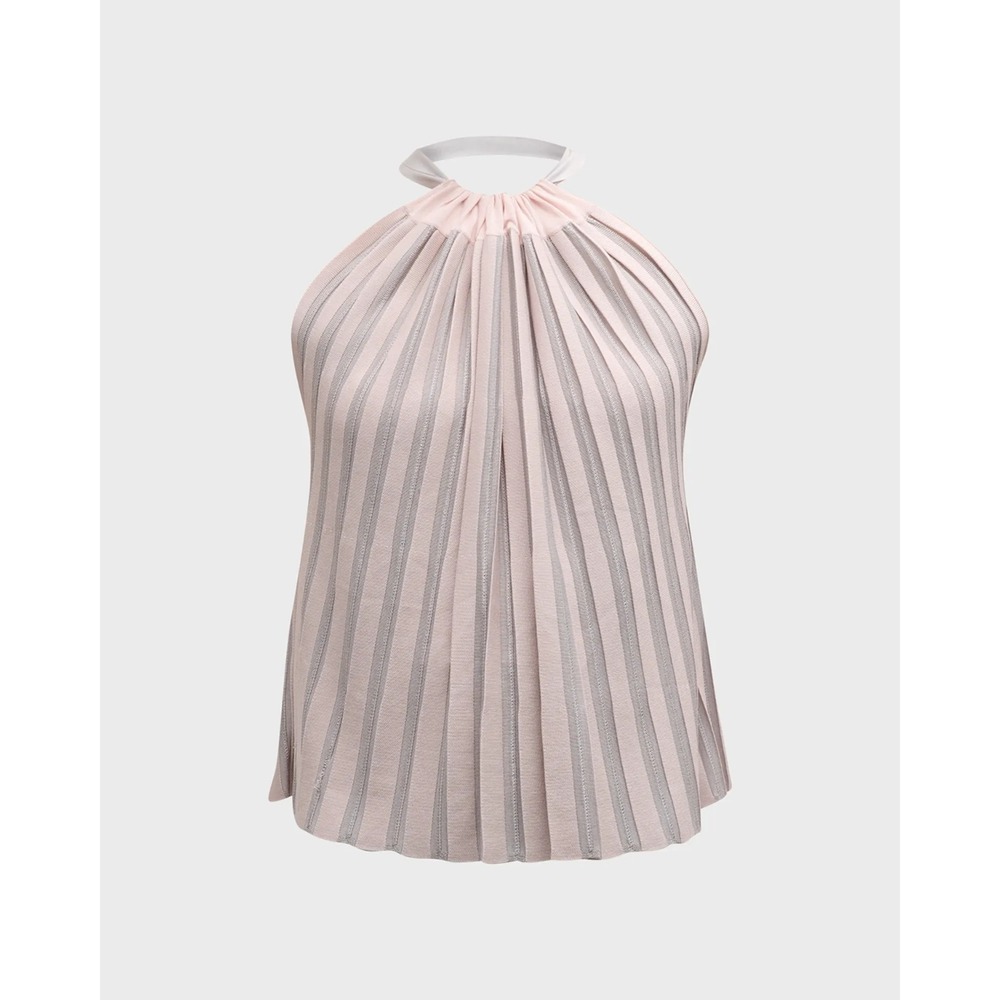 NWT Emporio Armani Knit Tank Top Silver Gray & Pink Striped Pleated Halter Blous
